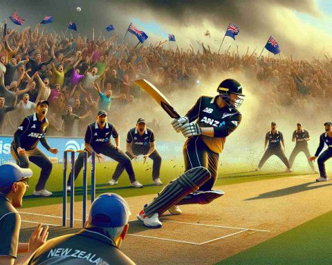 Generate a high-definition, realistic image depicting an exhilarating One Day International cricket match. Illustrate a thrilling moment in the match where the New Zealand team is aiming to overcome a challenge of scoring 292 runs. Show the intensity of the situation with spectators anxiously watching and players focusing on the game.