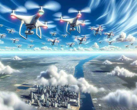 A highly detailed and realistic image capturing the latest developments in drone technology in New Jersey's sky. The scene illustrates a swarm of advanced drones flying in formation against a backdrop of a bright blue sky with fluffy white clouds. The drones display innovative design features, showcasing a revolution in airborne robotics. There may also be cityscapes or natural landscapes visible on the ground below, hinting at the state's diverse geography.