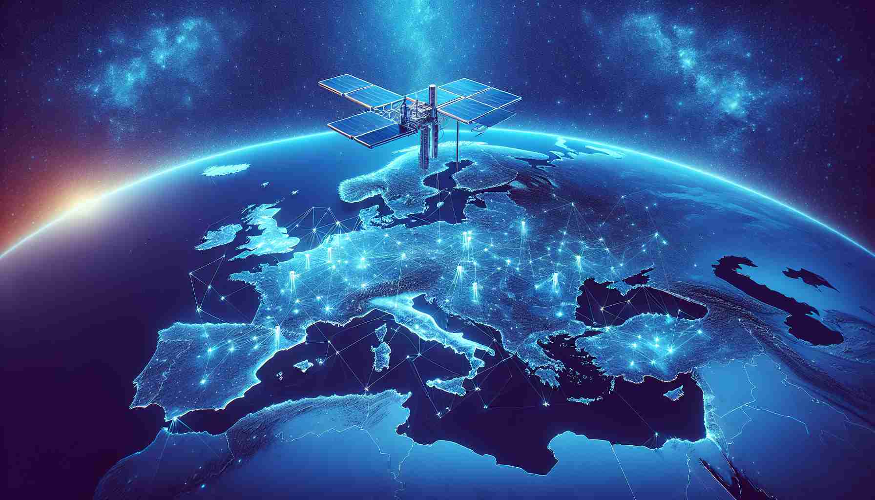 Create an HD image displaying a map of Europe with various points marked, representing the bases of a hypothetical, advanced satellite initiative. The sky above the map is a vibrant night sky, filled with stars, indicating the reach and ambition of the initiative. An illustration of a cutting-edge satellite should also be present in the image, representing the bold new steps being taken in the realm of space exploration.