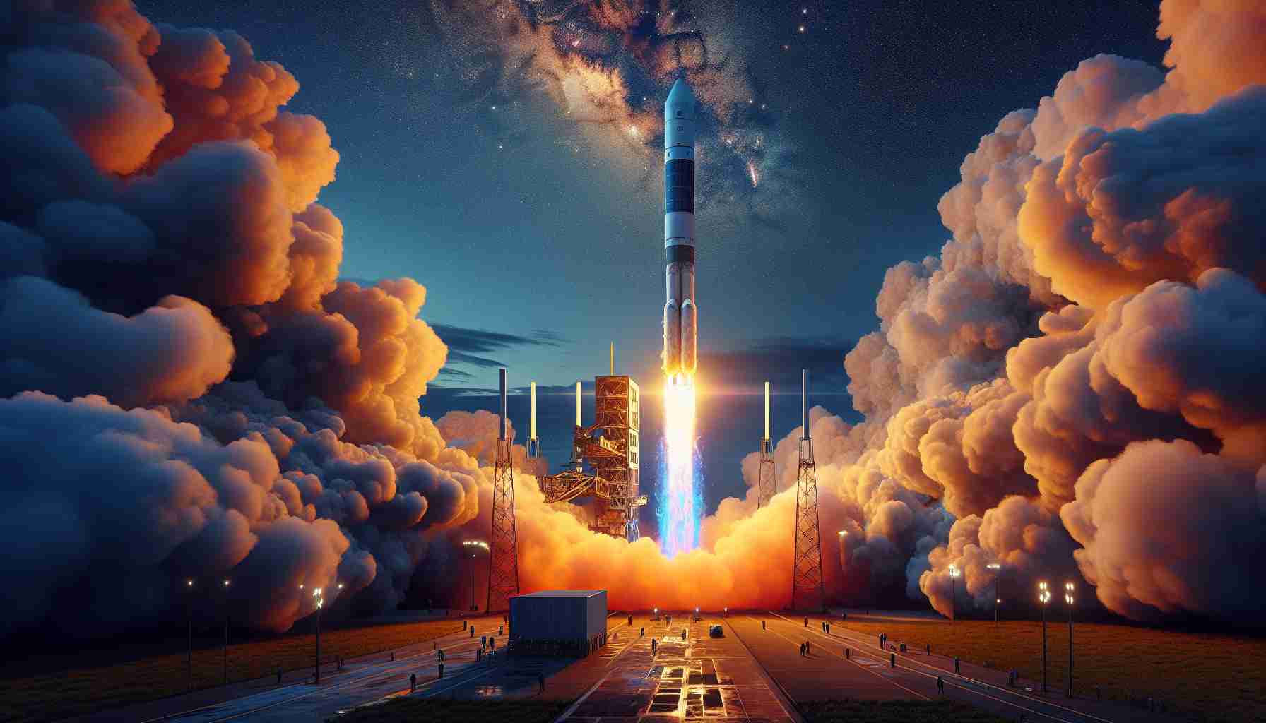 High-definition, realistic image of a breakthrough moment in weather forecasting: the launch of a revolutionary satellite. This high-tech beacon is piercing through the clouds into the boundless sky, heralding a new era of meteorology with precise monitoring capabilities. Vibrant combustion flames erupt from the bottom of the launching vehicle, bright against the backdrop of an early dawn sky turning from midnight blue to soft pink with the rising sun. The surrounding ground is a hive of activity, with men and women from varied ethnicities working together, their faces a blend of anticipation and determination. This satellite offers a promise of saving countless lives through improved weather forecasting.