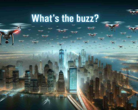 Generate a high-definition, realistic image depicting a surge of drones hovering over the skyline of New Jersey. Accompany this with the text 'What's the Buzz?' conveying a sense of curiosity and excitement about this technological spectacle.