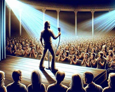 A detailed depiction of an exciting tribute event. A renowned male rock musician surprises the audience by performing a cover song to honor a respected industry peer. The atmosphere is electrifying, filled with a mix of suspense, anticipation, and delight. The stage is grandly set, mirroring the significance of the tribute. The spotlight is on the performer, his facial expressions revealing deep concentration and respect. In the crowd, we see people of diverse descents and genders, all sharing a common expression of awe and admiration.