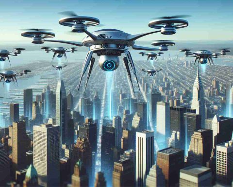 Show in realistic high-definition, an image of advanced drones soaring high in the skies of New Jersey. The drones display technology of the future, potentially revolutionizing the cityscape with their innovative design and superior functionality. The scene is in the daytime and the drones are seen against a backdrop of city buildings and clear, blue sky.