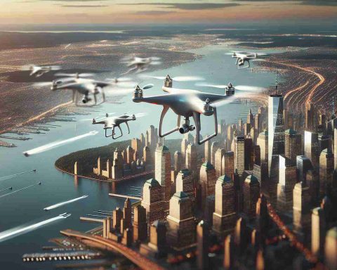 Capture a high-definition, realistic image that visualizes a futuristic concept. In this scenario, drones are seen flying over a cityscape that resembles New Jersey. Not just any drones, but these are cutting-edge ones that embody the latest innovations in technology. They swiftly move along a well-defined flight path, demonstrating just the kind of advanced navigation we might expect in a future filled with such devices. The scene looks as if it has stepped out of a science fiction world, yet touches of realism anchor it firmly in the realm of possible futures.