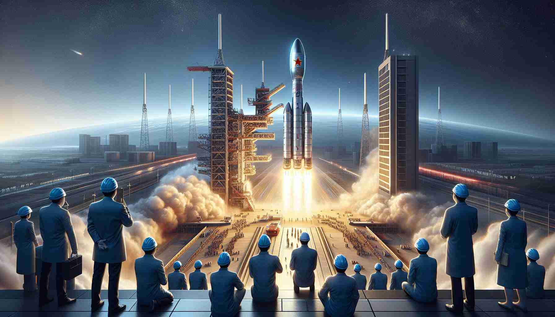 Detailed, high-definition image depicting the concept of China's rocket revolution, symbolizing a major advancement in space launch capabilities. The scene should show a dramatic liftoff of a large, futuristic rocket ship from a modern launch pad, representing the technological prowess of the country without specifying any political connotations. The background should have a clear, blue sky, with the rocket leaving a fiery trail behind. Include engineers and scientists of various descents and genders, observing the launch from a safe distance, demonstrating their accomplishment in achieving this feat.