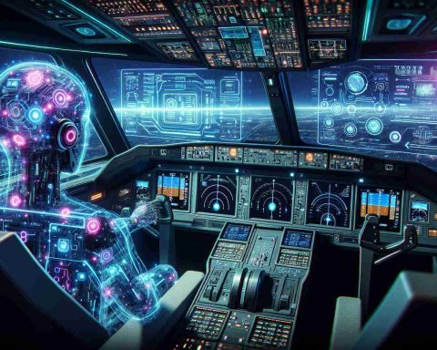 Create a realistic high-definition image of an AI system operating the cockpit of an advanced airplane. Imagine a futuristic dashboard filled with touch screens, holographic displays, and advanced navigation tools. The AI, represented as a complex network of luminous neon circuits and algorithms, is manipulating the controls and analyzing flight data. This scene depicts a possible future where human pilots are replaced by sophisticated AI technology.