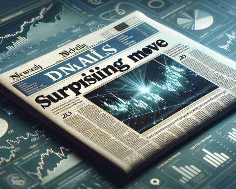 Realistic, high-definition illustration of a financial newspaper featuring a headline about a surprising move from a technology company and its impact on the company's stock price. The word 'Surprising Move' is in bold, alluding to the unexpected business change. Graphs and charts indicate the fluctuation of the stock's volatility and price. The background consists of a blend of business and technology-related imagery