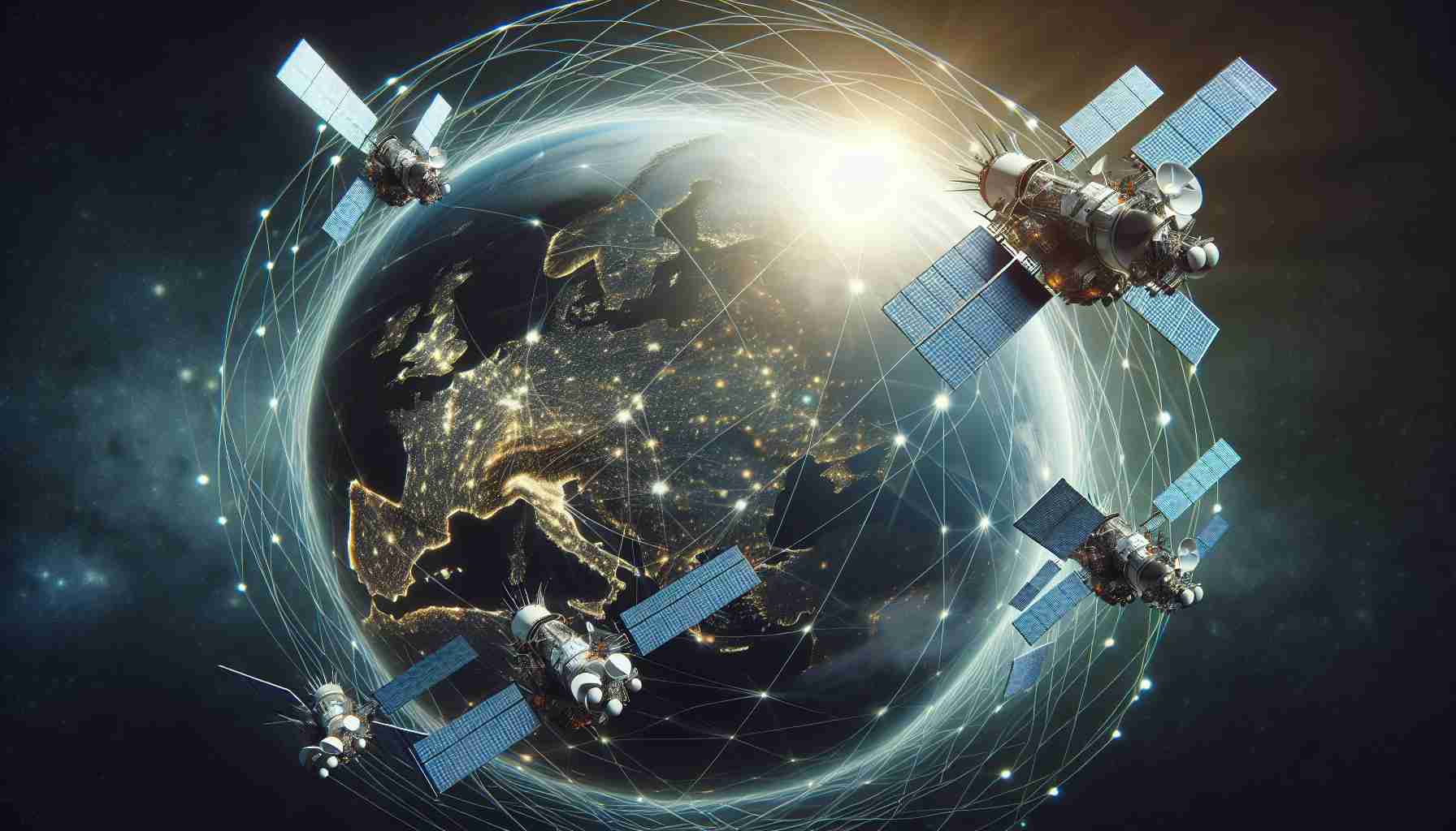 A realistic high-definition image of a pioneering satellite network in space, engineered for the purpose of transforming global internet access. Picture multiple high-tech satellites interconnected with beams, transmitting data across the globe, signifying the dawn of a new era for worldwide communication.