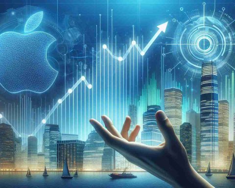 Realistic HD photo representing the future of Apple stock: A new era of technology? This could illustrate the concept of technology and financial growth, maybe with a futuristic cityscape in the background symbolizing technology advancement, and a rising stock graph in the forefront to symbolize the growth of Apple's stock.