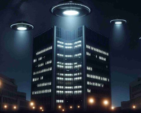 A high-definition, realistic image showing a dark night sky over a generic administrative building. Mysterious, glowing lights float near the building, sparking theories of unidentified flying objects (UFOs) and extraterrestrial activity.