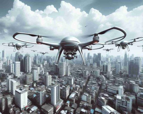 High-definition realistic portrayal of drones patrolling an urban landscape. They are seen as guardian figures in the sky, possible harbingers of the future functionality of city life. Buildings thrum with life beneath them, people occasionally staring upwards with awe or curiosity. The drones themselves are sleek and modern, embodying the cutting edge of technology. The sky is vast and clear, offering the drones unhindered access to all corners of the city.