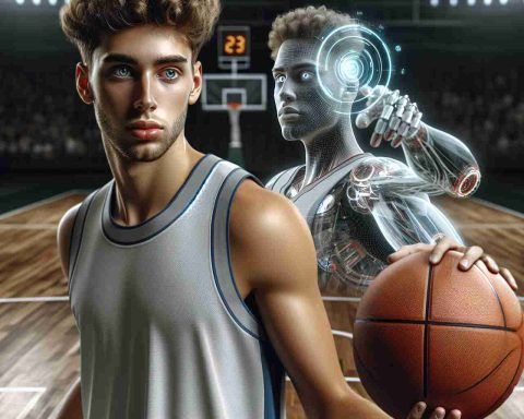 Realistic high-definition image of a young, athletic basketball player with light brown skin and curly hair. The player, wearing a modern basketball uniform, is seen sharing the court with a futuristic AI hologram. The hologram is demonstrating a complex basketball maneuver, signaling a new era in sports training techniques.