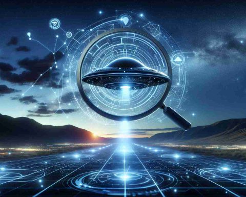 Visualize the concept of a future where extraterrestrial investigations are greatly aided by leading-edge technology. Depict high-definition, realistic flying saucers or unidentified flying objects (UFOs) hovering against a nigh sky. The image must showcase the interplay of AI and futuristic gadgetry in searching and analyzing the sky for possible signs of alien life. The sky should be filled with stars and perhaps a giant magnifying glass hovering above, symbolizing the technology's scrutinizing capabilities. This intelligence-driven astronomical exploration should conjure up a sense of intrigue and mystery.