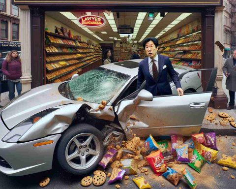 Generate a realistic, high-definition image of a surprising and unexpected scene where a lawyer, a middle-aged Asian male, tragically crashes his high-class, fancy car into the storefront of a well-known snack shop in the city. The car is wedged into the shop, its front end crushed, while the storefront is significantly damaged, with remnants of cookies, chips and other snacks scattered around. A crowd has gathered around the scene, and there is a pronounced sense of astonishment in the air.