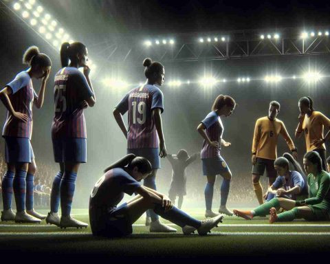 Depict a realistic, high-definition scene exemplifying the headline 'Devastating Blow for Strikers: Key Player Out'. Envision a football pitch under harsh stadium lights, players in the middle of a match. Display a dejected team of South Asian women strikers, anxiously huddling around their key player, a Hispanic woman, who is sitting on the ground clutching her knee in pain. The opposing team, a group of Caucasian and Middle-Eastern men, stand by watching anxiously. Cast an air of tension and disappointment hanging heavy in the scene as the importance of the situation is understood.