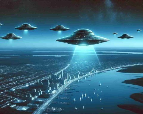 Create a high-definition image featuring a realistic portrayal of unidentified flying objects (UFOs) floating in the skies over a location resembling New Jersey. The style of the UFOs should reflect futuristic technology, providing an impression of unprecedented evidence.