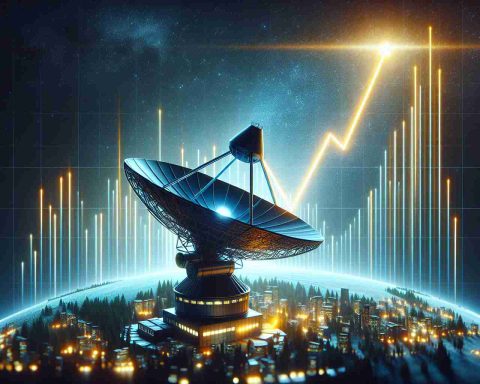 Realistic high-definition image of a symbolic representation of 'Gilat Satellite Networks' on the verge of a potential comeback, sparked by circulating rumors, creating a surge of interest. It could be visualized as a satellite dish casting a beam of light upward towards the night sky, with a rising graph chart hovering in the air, signaling the growth and resurgence.