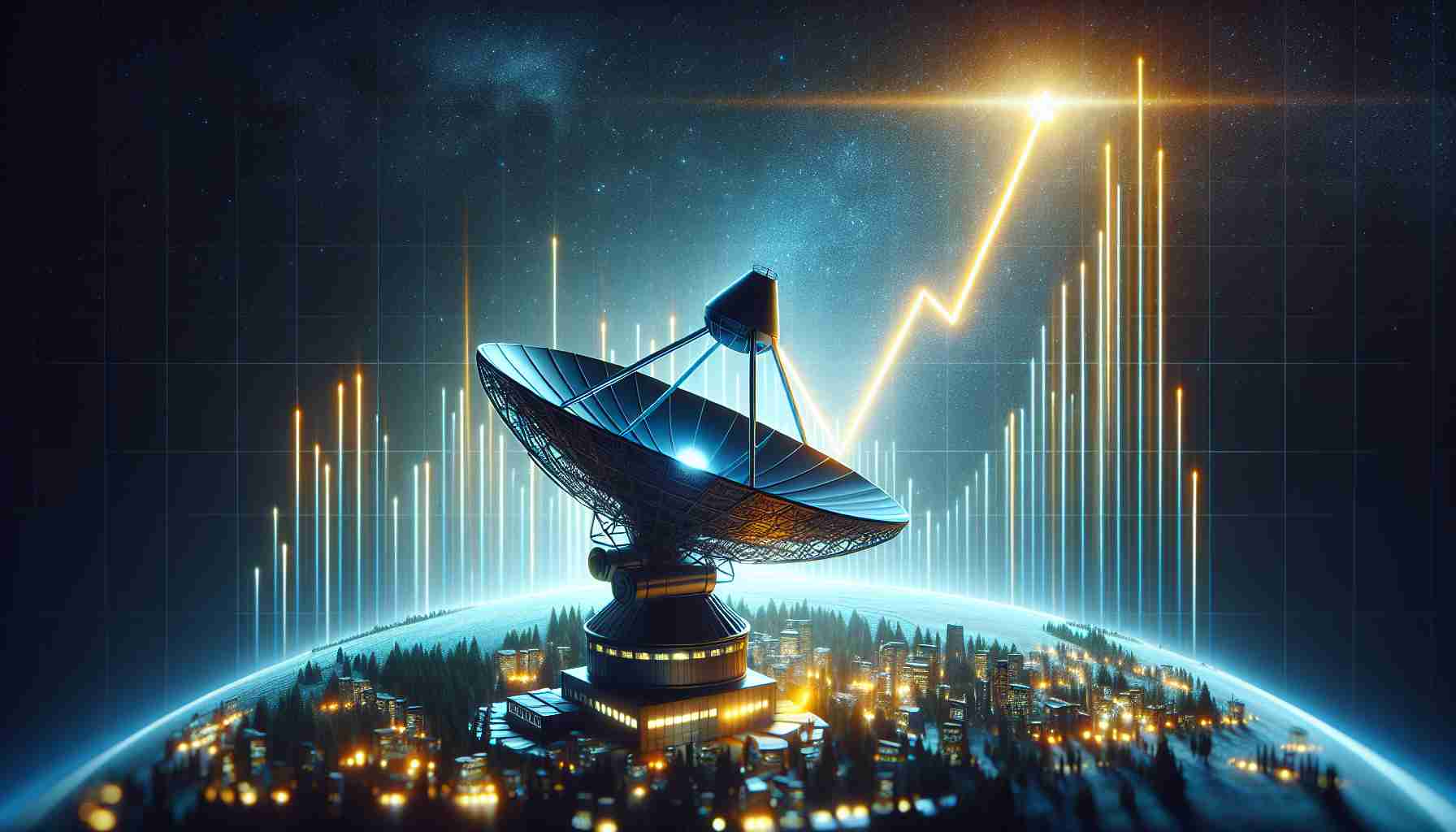 Realistic high-definition image of a symbolic representation of 'Gilat Satellite Networks' on the verge of a potential comeback, sparked by circulating rumors, creating a surge of interest. It could be visualized as a satellite dish casting a beam of light upward towards the night sky, with a rising graph chart hovering in the air, signaling the growth and resurgence.