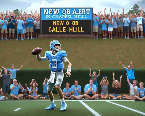 Generate a realistic high-definition image depicting a scene in Chapel Hill. The focal point is a promising young quarterback, who has made a recent commitment to a local sports team. Enthusiasm and anticipation ripple through the onlooking crowd as they anticipate his future success. The signage around the sports field indicates 'New QB Alert'.