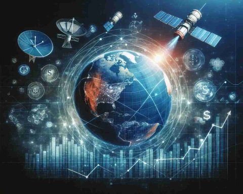 Create a realistic HD image that portrays the concept of the future of satellite internet technology. This image should also suggest a perspective of crucial information for investors. Try to incorporate elements like satellites, data transmission symbols, globe to represent global connectivity, and symbols like upward graphs or currency to suggest investment opportunities.