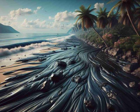 Generate a high-definition, realistic image depicting the tragic impact of an oil spill disaster. The scene unfolds across miles of what was once pristine beach now marred by the thick, black gunk. The viscous substance stains the sands, creating a stark contrast against the otherwise idyllic coastal setting. Flora and fauna react to this harsh invasion, their natural beauty tainted with the sticky, looming menace. The image would effectively convey an urgent sense of environmental calamity.