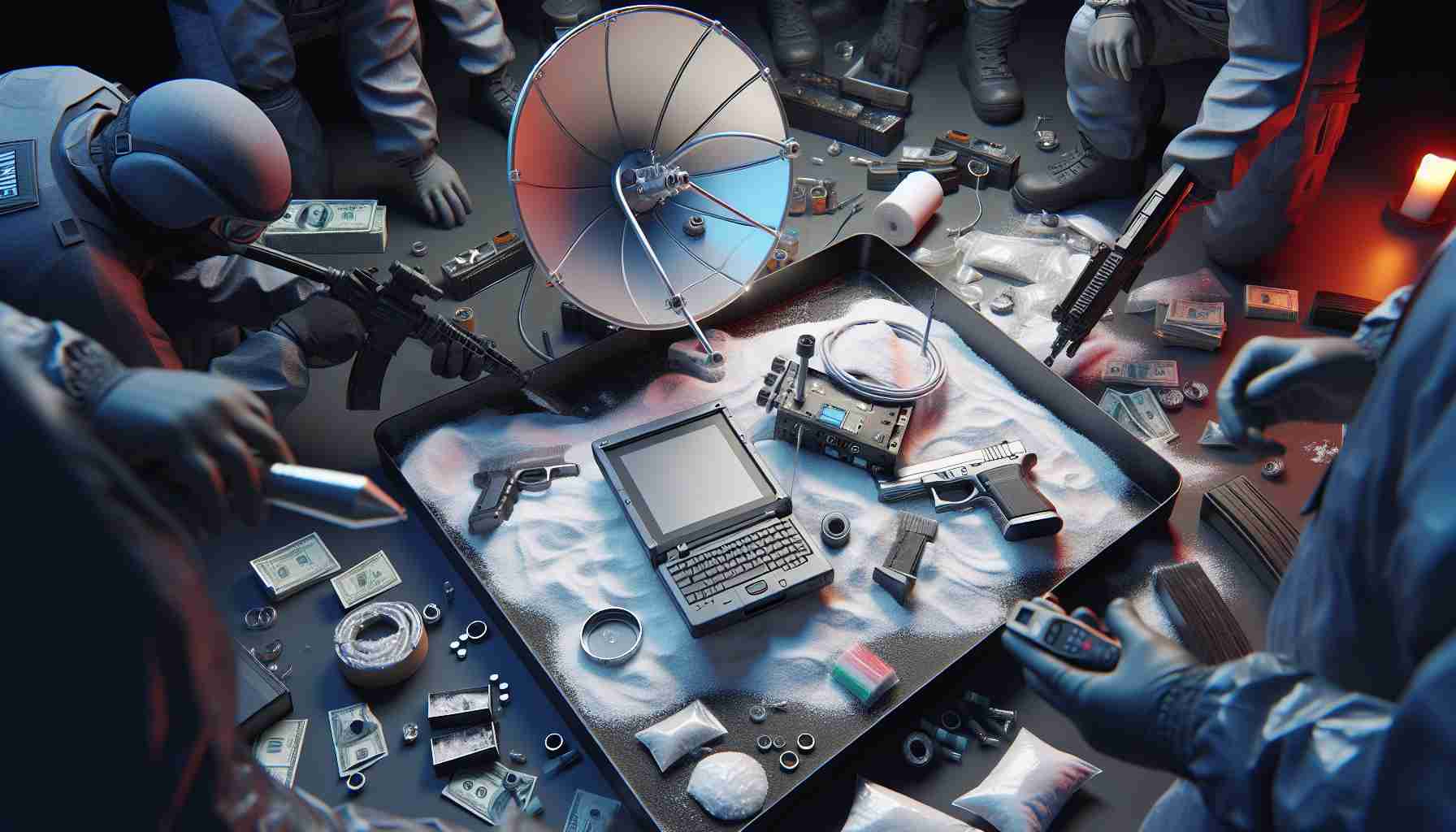 A realistic high-definition image of a significant law enforcement operation, where hidden amongst the illegal substances, they have uncovered unexpected technological devices pertaining to a satellite internet service. The scene raises questions about the potential implications and what might occur next.