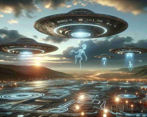 Image of science fiction scenario with remarkable detail and realism: extraterrestrial spacecrafts, commonly known as UFOs, hovering in the sky. These unidentified flying objects exhibit advanced technology and unique design. The sky is slightly clouded and illuminated by the otherworldly glow of the UFOs. Furthermore, visualize depictions of artificial intelligence symbols or themes (for instance, complex codes or holographic interfaces) as part of the scene, suggesting a future where AI and close encounters with extraterrestrial life may intersect.