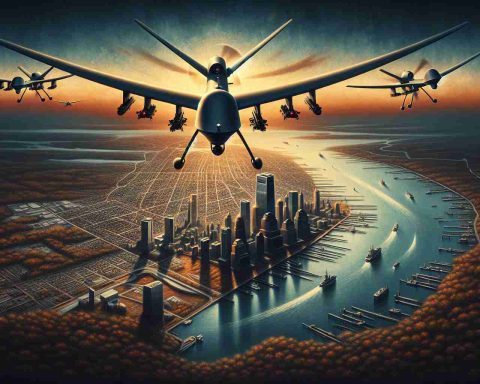 Realistically detailed, high-definition image portraying unidentified drones flying over a depiction of New Jersey. The scene is painted in a way that suggests the breaking of dawn, symbolizing the advent of new technology.