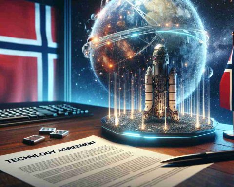 A high-definition, photorealistic image representing the boosting of Norway's space ambitions due to a technology agreement with an unnamed country. This intricate scene may be depicted as a document with 'Technology Agreement' written on it, resting on a desk next to a miniature model of a Norwegian spacecraft. The background includes a Norwegian flag blended with a clear night sky full of stars.