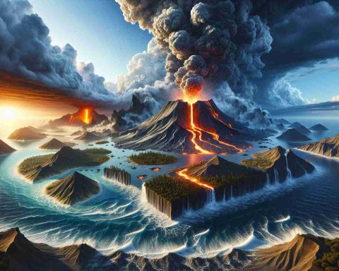 Create a highly detailed and realistic depiction of an intriguing natural occurrence where nature both forms and obliterates islands. Display a sudden volcanic eruption causing the formation of a new island, with molten lava cooling and forming solid landmass against undulating saline waters. Simultaneously, show tidal forces eroding an older island nearby with visible signs of natural destruction such as washed away vegetation and collapsing landmass. The scene should evoke awe and disbelief at the power of natural phenomena.