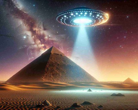 A high-definition, realistic artistic rendering of an intriguing scenario: extraterrestrial beings theorized to be behind the creation of pyramids. This image depicts a pyramid in the dusty desert under a starlit sky, with a UFO floating above, casting a beam of light towards the pyramid below. There are hints of advance technologies juxtaposed with the ancient architecture, fostering a sense of mystery and sparking curiosity. Imagine this as a cover for a sensational, speculative documentary, designed to spark discussions and challenge conventional thinking.