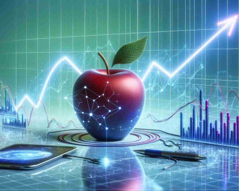 A high definition, realistic representation of Apple's market value. The scene includes abstract elements symbolizing potential changes. This could include a fluctuating line graph that represents market value and uncertainty, some generic futuristic technology representing new tech breakthroughs, and an apple fruit to symbolize the company itself.