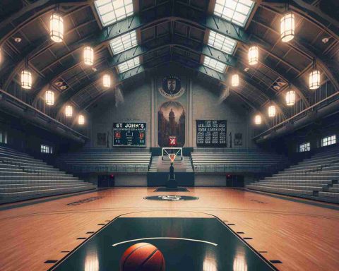 Generate a realistic HD photo of the St. John's empty basketball court. Capture the sense of suspense and uncertainty in the air, possibly by showing the empty benches, the quiet gym, and the untouched basketball on the court.