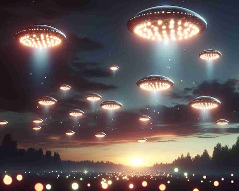 Detailed realistic high-definition image of glowing orbs, hinting at unidentified flying objects often associated with extraterrestrial crafts, descending from the dusky sky. The scene encapsulates a sense of awe, mystery, and excitement, creating an atmosphere that stirs up participators in 'UFO Fever.' The imagery suggests the brink of a cosmic revelation. The orbs are brilliantly illuminated, standing out against the darkening evening sky and casting interesting specular highlights on surrounding objects. Frame this event from a dramatic perspective, emphasizing the intensity and enigma of this unidentified phenomenon.