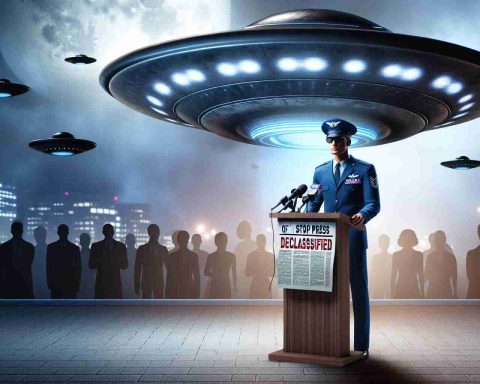 Generate a realistic high-definition image depicting the unveiling of UFO secrets. Incorporate elements that signal intrigue, mystery, and a significant disclosure. Picture an airman, perhaps standing at a presentation podium or holding official document declassified, representing an authoritative figure making these remarkable claims. The UFO could be depicted as a classic disc-shaped object, with its futuristic yet obscure features highlighted. The background could be a stop press newsroom or a public square full of curious spectators. Create a tense and dramatic ambiance around the revelation of these secrets, utilising elements such as dramatic lighting and symbolic imagery.