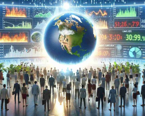 Generate a realistic HD illustration depicting the concept of investors flocking to climate risk insights. The scene includes a group of people representing investors of diverse genders and descents, drawn to a large, shining globe showing various climate changes. Also, incorporate a ticker tape or digital display showing 'shocking' numbers related to climate change, perhaps in forms of graphs and charts, representing the magnitude of the crisis and the financial implications.