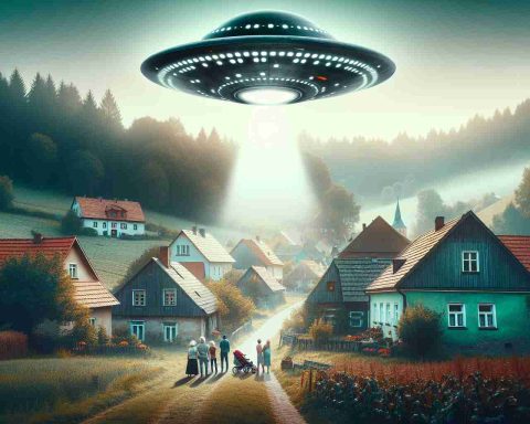 A highly realistic HD photo depicting an extraordinary sighting of an unidentified flying object (UFO). This strange sight has astonished the peaceful inhabitants of a small, quaint village nestled in the rural landscapes of Poland, creating an atmosphere of awe and wonder. The main focus should be on the UFO, with the village and its startled villagers as the backdrop.