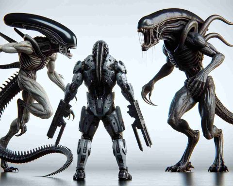 A realistic, high-definition image showcasing a conceptual battle between an advanced artificial intelligence entity and two extraordinary creatures: one with elongated, sleek head, razor-sharp teeth, and a long tail, towering over with a menacing presence, the other being a muscular creature with high-tech camouflage abilities. The alien entities represent different types of intimidating creatures found in science fiction. They face against the AI, which manifests as a futuristic humanoid robot armed with cutting-edge tools and weapons.