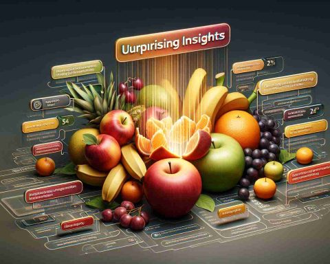 Create a realistic HD image that represents the concept of unveiling surprising insights. This image should showcase an assortment of popular fruits such as apples, oranges, and bananas with various forms of informational cues around them. For instance, hints or arrows pointing to parts of the fruit with corresponding text blocks that divulge interesting and lesser-known facts about each fruit. The presentation should invoke a sense of curiosity and discovery.