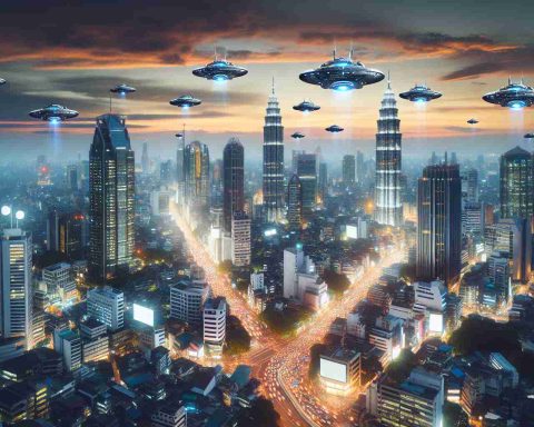 High-definition image illustrating the concept of Unidentified Aerial Phenomena (UAPs) and their potential impact on our technological world. The image features a beautifully detailed and modern cityscape at twilight, with distinct skyscrapers and bustling city street lights. Hovering over this lively city are a variety of futuristic vehicles, showcasing a transformation that came about due to advancements inspired by UAPs. Use a realistic digital art style to convey this scene.