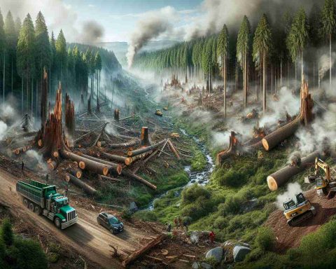 A high-definition, photo-realistic image that reveals the alarming reality of illegal activities in pristine forests. The scene captures a landscape under assault, with trees being illicitly felled, and wilderness devastated by machinery. The shocking image might include scenes of heavy machinery like bulldozers and chainsaws at work, fallen trees, disrupted habitats of wildlife, and signs of forest fires. The goal is to raise awareness about these activities and their negative impact on the environment, to stimulate conversations and actions towards conservation.