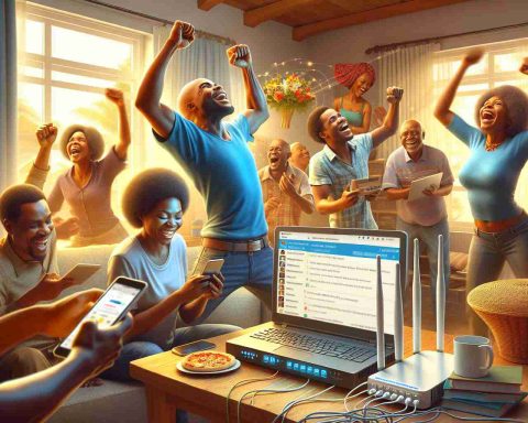 Realistic high definition image of a joyous celebration by African users enjoying their breakthrough fast internet connection. The setting conveys a household with members busily interacting online: social media, video streaming, online gaming, and more. The atmosphere is effervescent and joyful. Do focus on the detail of high-speed internet devices such as a router, computers, and handheld devices. Please avoid branding or logos on these devices.