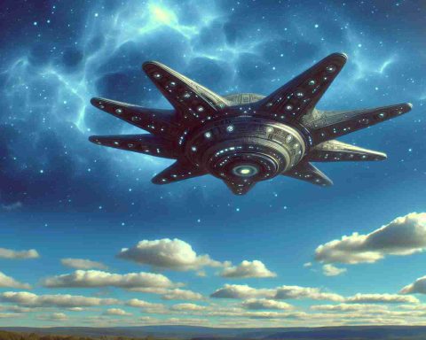 Generate a realistic HD image of a bizarre, unidentified flying craft spotted in the sky. The craft should have an unusual and futuristic design, unlike any known aircraft, creating an aura of mystery and intrigue. The sky should be a clear blue with a scattering of clouds, and the craft should be the central focus of the image, triggering questions about its origins and purpose.