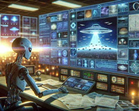 A vivid and realistic high-definition picture depicting an artificial intelligence system intently analyzing UFO data. This process could be shown through a visual representation of the AI going through digital files filled with images and reports of unidentified flying objects. The potential implications for humanity may be suggested through elements such as a partially decrypted message or enigmatic symbols unlocking new frontiers in space exploration. The scene could be set in a high-tech control room with large screens displaying the unfolding analysis.