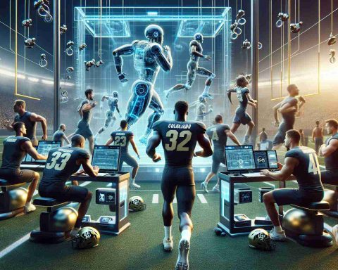 A high-definition, realistic photograph representing the revolution of Artificial Intelligence in the world of college football, specifically focusing on the University of Colorado. The scene captures the crucial integration of AI in enhancing training methodologies, showcasing the futuristic perspective on athletic preparation. Display an array of high-tech equipment being utilized in the training grounds of the university, with athletes, coaches, and technical staff interactively engaged with them. The image should embody a blend of sportsmanship, technology, and innovation, emblematic of the future of training in American college football.