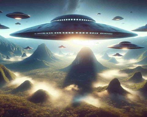 High-definition, realistic image of unidentified flying objects (UFOs) hovering over an exotic landscape, presumably Guatemala. The scene portrays a shockingly surreal moment where these unidentified objects are floating in the sky, casting shadows below. The landscape should depict an amalgamation of the country's prominent features - ancient Mayan ruins, lush rainforests and lofty volcanoes shrouded in a mysterious aura.