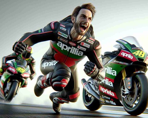 A realistic HD photo illustrating the emotional leap of a male professional motorcycle rider moving to a new team known as Aprilia. Portray the rider in mid-action, wearing full racing gear, including a helmet and leathers. He should be either on the motorcycle or next to it, showing a strong emotional expression - perhaps joy or determination. The Aprilia logo should be visible perhaps on the rider's gear or the bike. The entire scene should depict a new chapter awaiting the rider, composed with the feel of excitement, anticipation, and optimism.