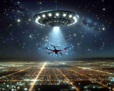 An HD quality, hyper-realistic image showing the night sky, peppered with stars. In the image, a mysterious and unidentified flying object, or UFO, is seen. The UFO is depicted as an odd machine with a bright array of dazzling lights blinking in unusual patterns. Underneath, drones are speculated to be the source of this intriguing display. They're buzzing and zipping around, equipped with advanced instruments for heightened night surveillance. The future of sky monitoring seems to be shifting before our eyes in the image.