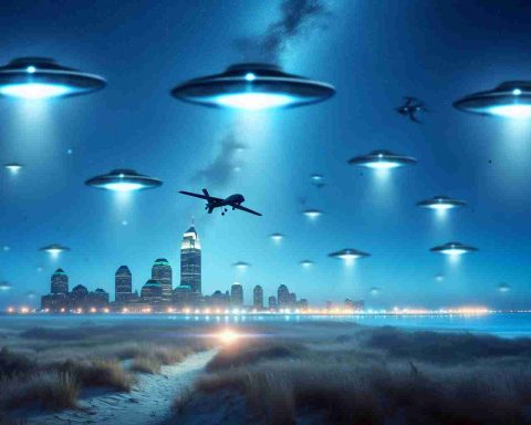 Create a realistic, high-definition image of unidentified flying objects or drones in the sky. The scene should depict an intriguing mystery taking place in the vast blue sky of a location reminiscent of New Jersey. Use subtly glowing lights and mysterious shapes to enhance the sense of pandemic intrigue and fascination.