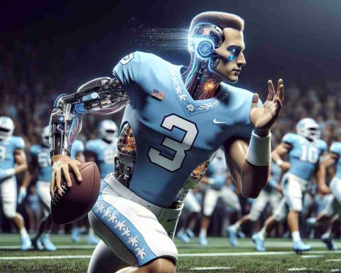 A high-definition, realistic image of a groundbreaking scene in a football game. Focus on the quarterback from University of North Carolina, who is not a specific individual, but a representation of a new breed of athletes enhanced by modern technology like AI. Portray him as having an athletic physique, wearing the UNC team colors, displaying extraordinary agility, and performing a remarkable football stunt.